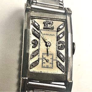 HAMILTON 1940’s 14k Art Deco Diamond Rectangular Tuxedo Watch White Gold